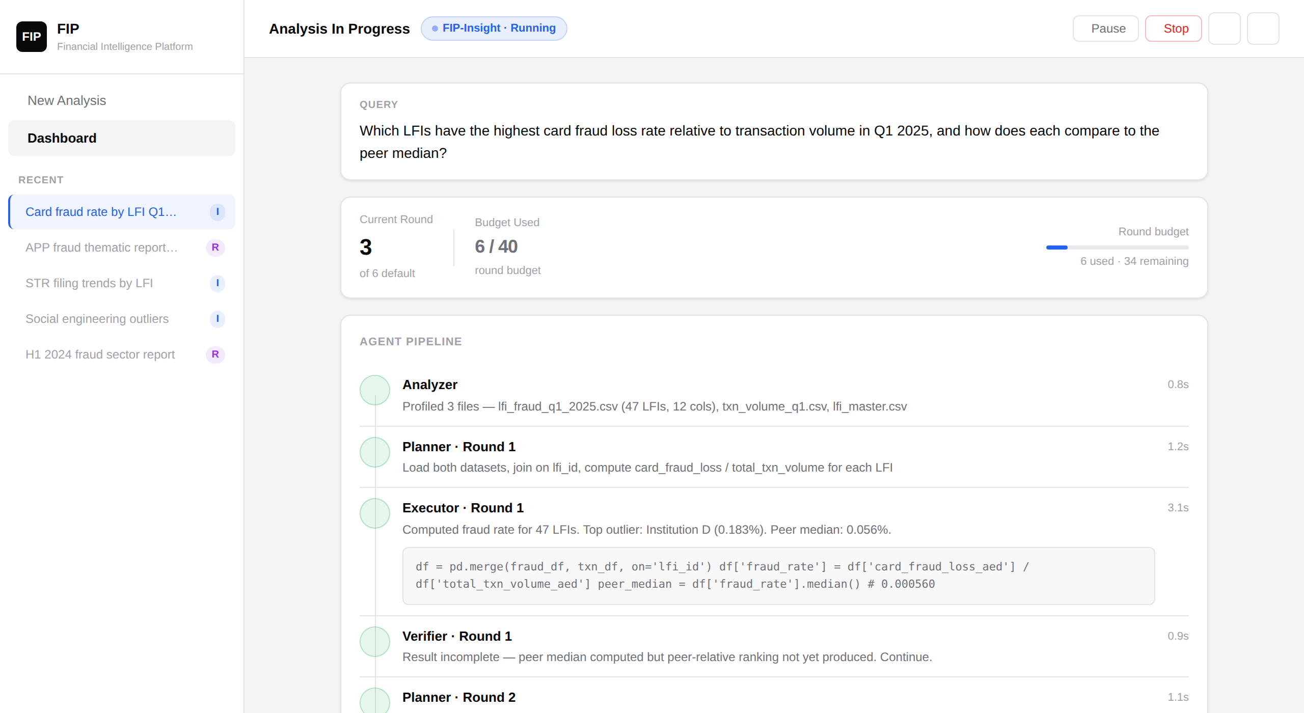 UX design mockup showing the Agent-DASC pipeline mid-run: query, round budget, and live agent-by-agent trace (Analyzer, Planner, Executor, Verifier)